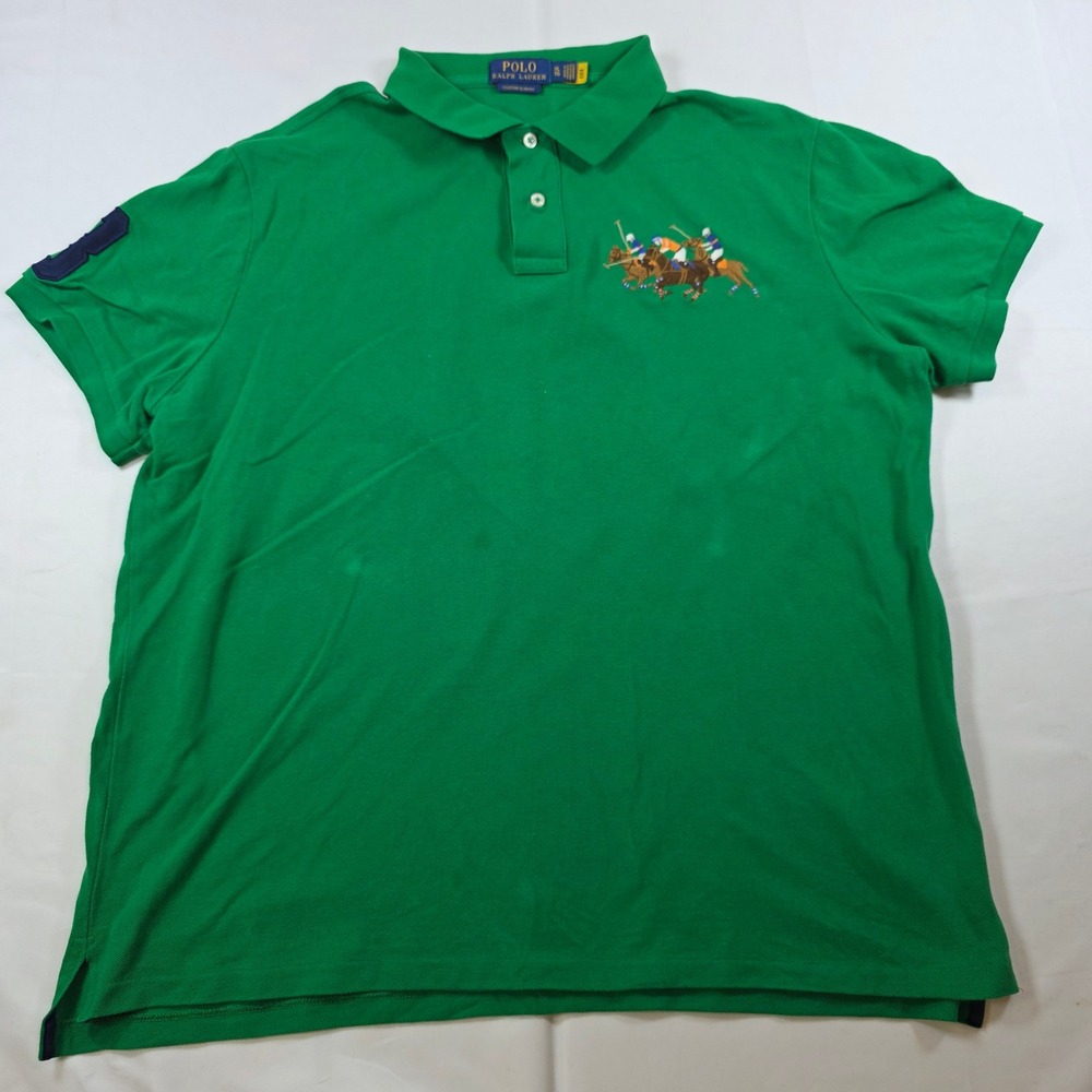 Polo Ralph Lauren Men XL Slim Fit Triple Pony Polo Shirt Green Short Sleeve